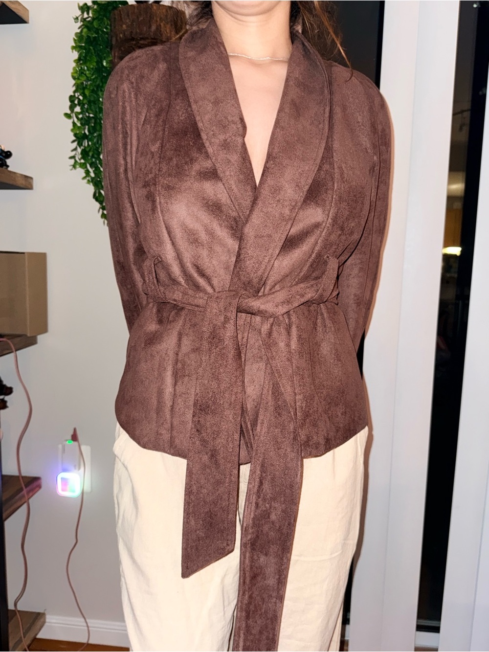 Brown Suede-look Wrap Belted Jacket